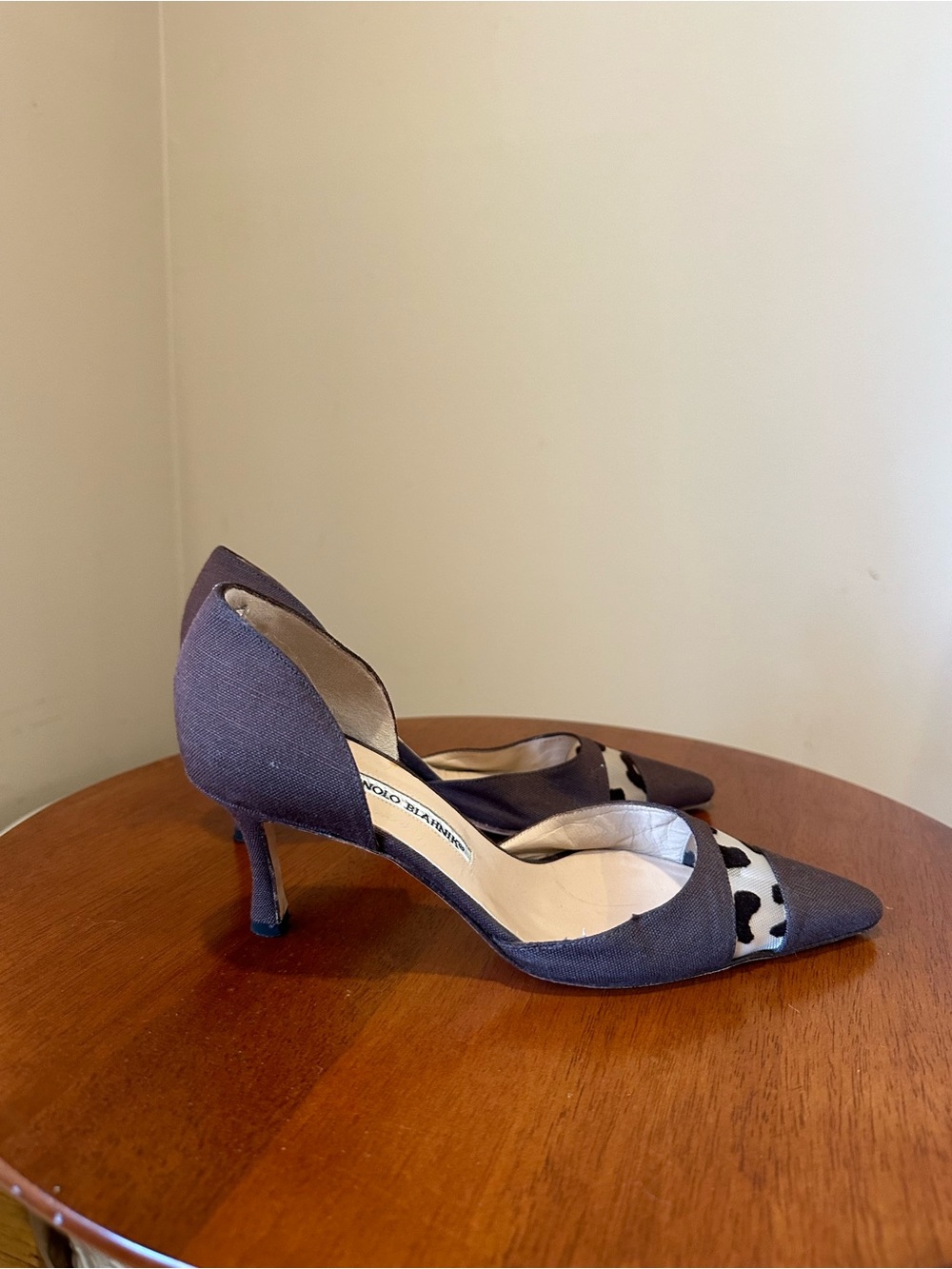 Manolo Blahnik Brown Pointed D'Orsay Pumps with Black-and-Cream Animal Panel - Picture 5 of 7
